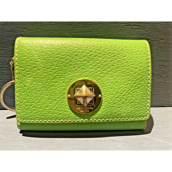 KATE SPADE Wallet Clutch Purse Keychain Turnlock Card ID Key Case Green Leather - Picture 1 of 6